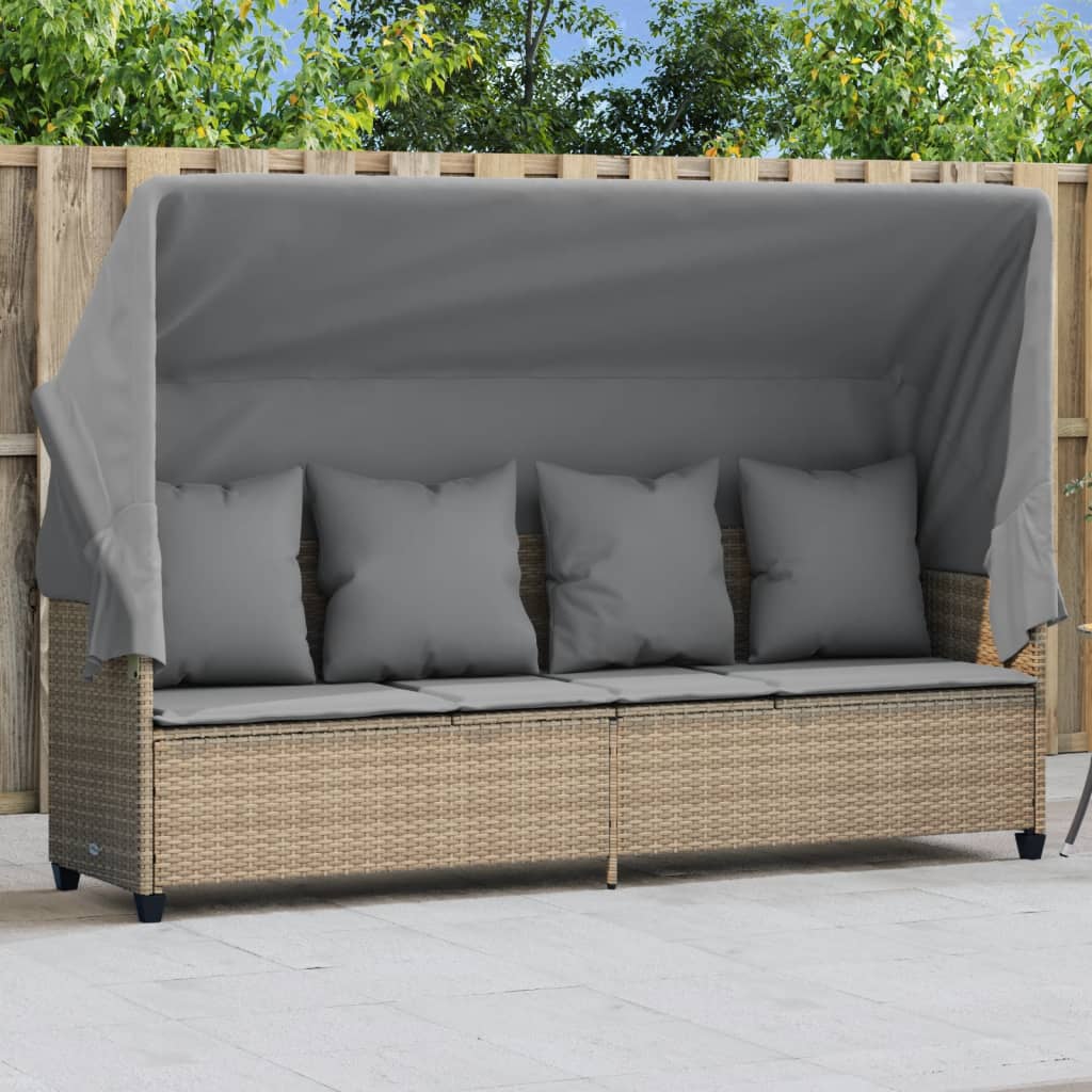 Chaise longue avec auvent et coussins beige résine tressée