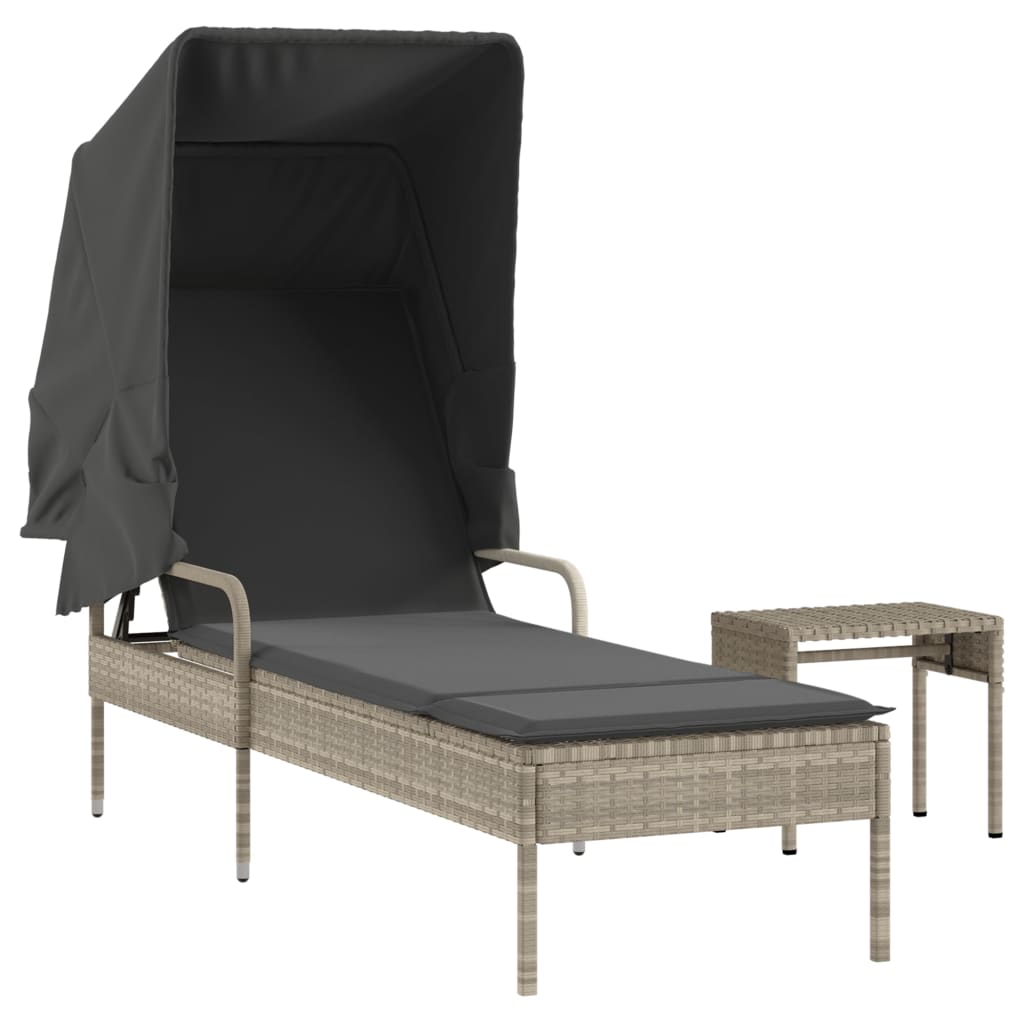 Chaise longue avec auvent et table gris clair résine tressée