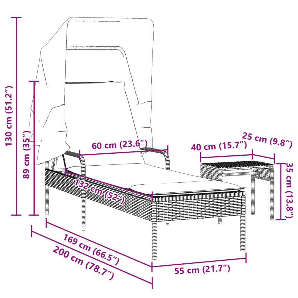 Chaise longue avec auvent et table gris clair résine tressée