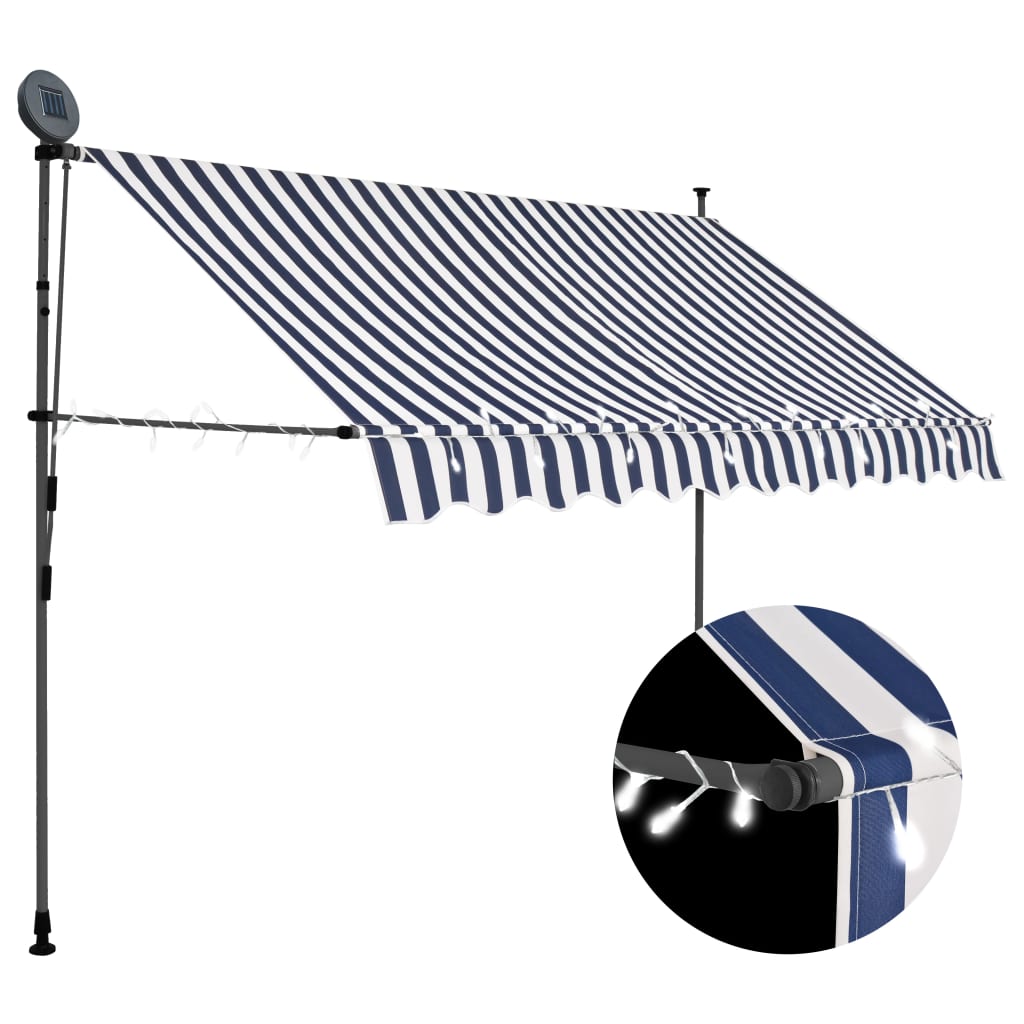 Auvent manuel rétractable avec LED 250 cm Bleu et blanc