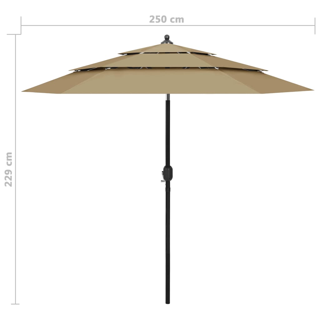 Parasol à 3 niveaux avec mât en aluminium Taupe 2,5 m