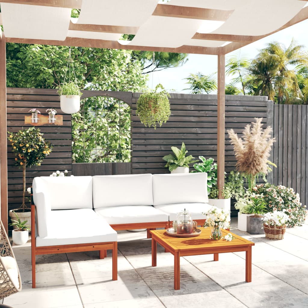 Salon de jardin 5 pcs avec coussins Crème Bois d'acacia solide