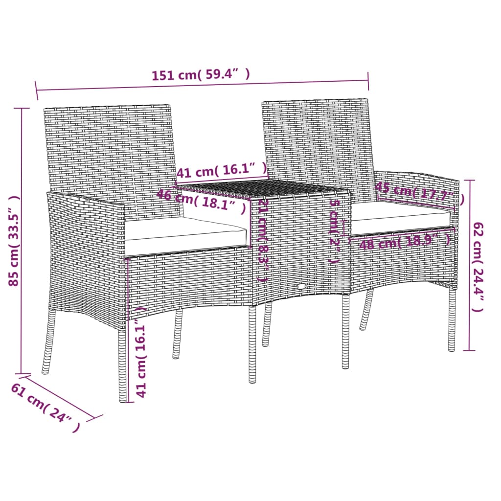 Canapé de jardin 2 places et table basse Résine tressée Marron