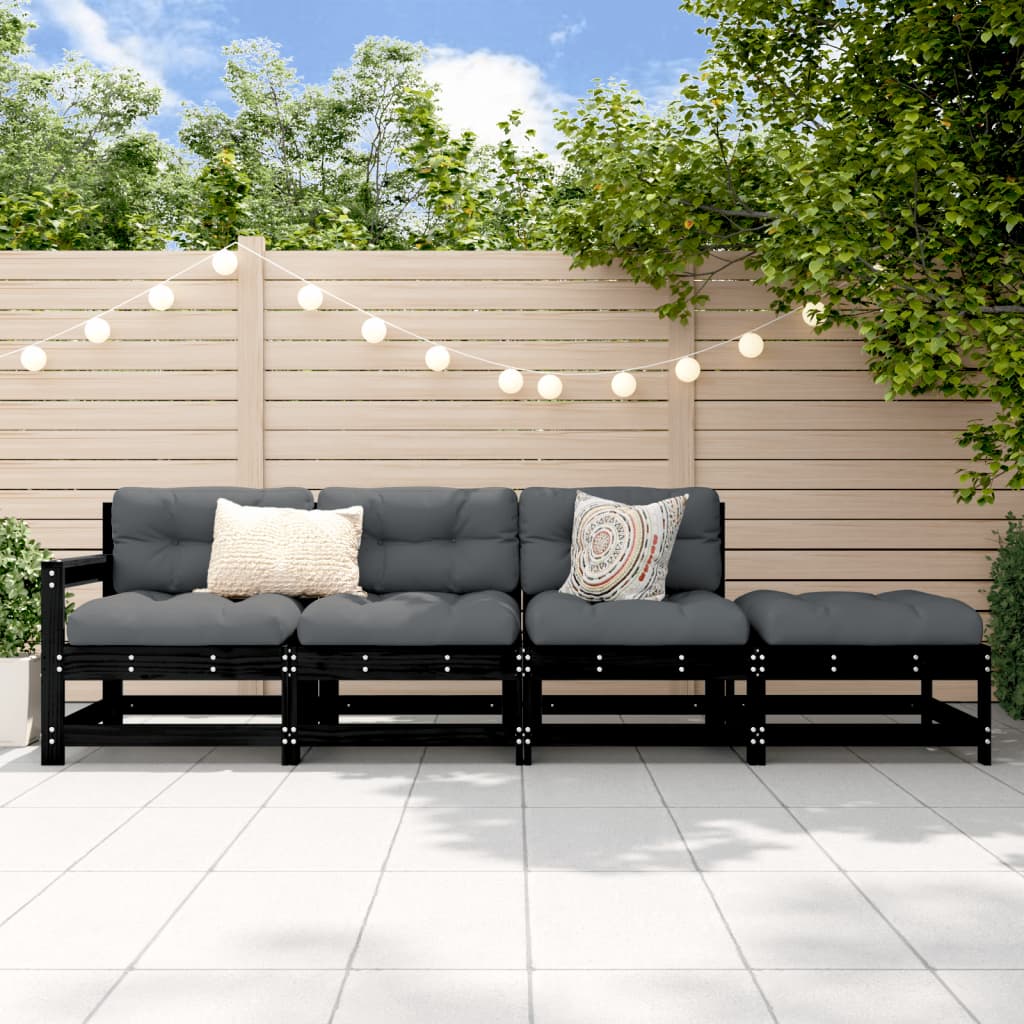 Salon de jardin 4 pcs noir bois massif de pin